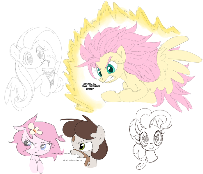 Size: 1634x1404 | Tagged: safe, artist:dotkwa, artist:parfait, derpibooru import, fluttershy, pinkie pie, oc, oc:deary dots, oc:kayla, earth pony, pegasus, pony, art dump, aura, bust, collaboration, dialogue, dragon ball, drink, drinking, drinking straw, female, filly, floppy ears, flower, flower in hair, foal, g4, gritted teeth, hoof hold, image, looking at you, mare, onomatopoeia, png, smiling, smiling at you, spread wings, super saiyan 3, teeth, wings