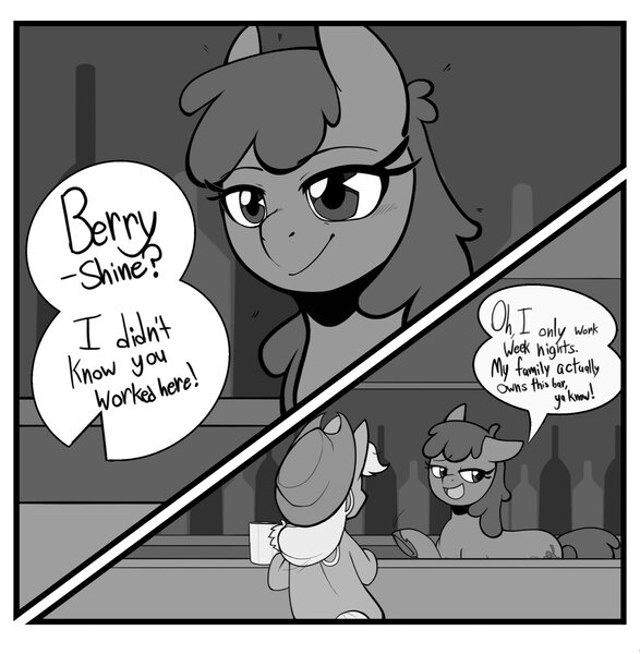 Size: 2002x2048 | Tagged: safe, artist:melodymelanchol, derpibooru import, applejack, berry punch, berryshine, earth pony, pony, comic:rotten harmony, alcohol, bar, black and white, bottle, comic, dialogue, drink, duo, female, grayscale, image, jpeg, mare, monochrome, mug, sitting, speech bubble