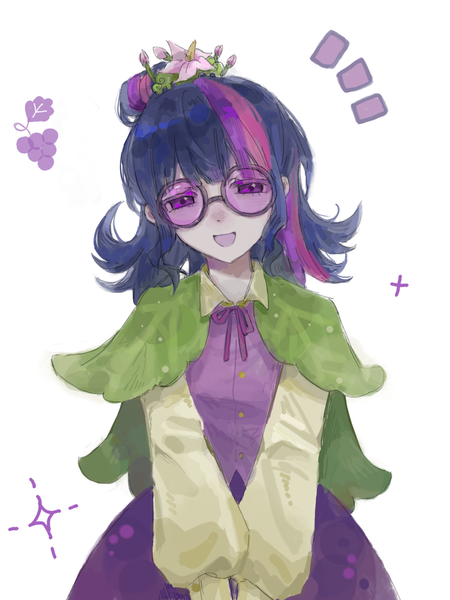 Size: 1080x1440 | Tagged: safe, artist:一个, derpibooru import, twilight sparkle, human, blouse, clothes, dress, flower, flower in hair, glasses, humanized, image, png, simple background, solo, white background