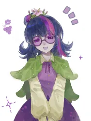 Size: 1080x1440 | Tagged: safe, artist:一个, derpibooru import, twilight sparkle, human, blouse, clothes, dress, flower, flower in hair, glasses, humanized, image, png, simple background, solo, white background