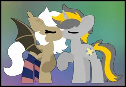 Size: 2048x1421 | Tagged: safe, artist:moonydusk, derpibooru import, oc, oc:aurora blossom, oc:venture heart, bat pony, unicorn, commission, horn, image, jpeg, kiss on the lips, kissing, ship:venturora