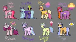 Size: 2048x1120 | Tagged: safe, artist:melodymelanchol, derpibooru import, oc, oc:bellavista sunset, oc:butter cream, oc:kinoko, oc:lickity split, oc:pixie dust, oc:rococo, oc:star voyeur, oc:thistle daffodil, unofficial characters only, dracony, dragon, earth pony, hybrid, pegasus, pony, unicorn, bandage, bonnet, bow, dragon tail, female, flower, flower in hair, gray background, hair bow, horn, image, jpeg, mare, mushroom, reference sheet, simple background, substrate body, tail, tail bow