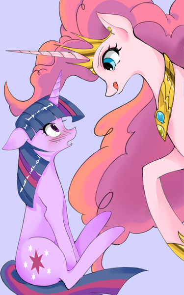 Size: 1055x1688 | Tagged: safe, artist:木瓜papaya, derpibooru import, pinkie pie, twilight sparkle, alicorn, pony, unicorn, alicornified, blue background, blushing, crown, duo, duo female, female, g4, hoof shoes, horn, image, jewelry, licking, licking lips, looking at each other, looking at someone, mare, pinkiecorn, png, princess shoes, race swap, regalia, simple background, sitting, tongue out, xk-class end-of-the-world scenario