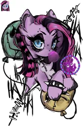Size: 1766x2679 | Tagged: safe, artist:napolipony, derpibooru import, pinkie pie, earth pony, pony, balloon, bracelet, bridge piercing, bubblegum, chest fluff, choker, cross, ear piercing, earring, emo, eyebrow piercing, eyebrow slit, eyebrows, female, food, g4, gum, image, jewelry, jpeg, looking at you, mare, multicolored hair, piercing, pinkamena diane pie, simple background, solo, spiked choker, spiked wristband, white background, wip, wristband