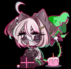Size: 719x695 | Tagged: safe, artist:napolipony, derpibooru import, oc, unofficial characters only, original species, plant pony, pony, birthday cake, black background, bow, cake, choker, cupcake, ear fluff, eye clipping through hair, eyebrows, eyebrows visible through hair, female, food, hairclip, image, jpeg, mare, plant, present, simple background, solo, spiked choker, tail, tail bow, tongue out, unshorn fetlocks, venus flytrap, vine