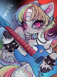 Size: 2060x2758 | Tagged: safe, artist:napolipony, derpibooru import, rainbow dash, pegasus, pony, alternate cutie mark, bandage, bracelet, chains, chest fluff, electric guitar, female, g4, guitar, image, jewelry, jpeg, mare, musical instrument, necklace, playing instrument, solo, spiked wristband, unshorn fetlocks, wristband