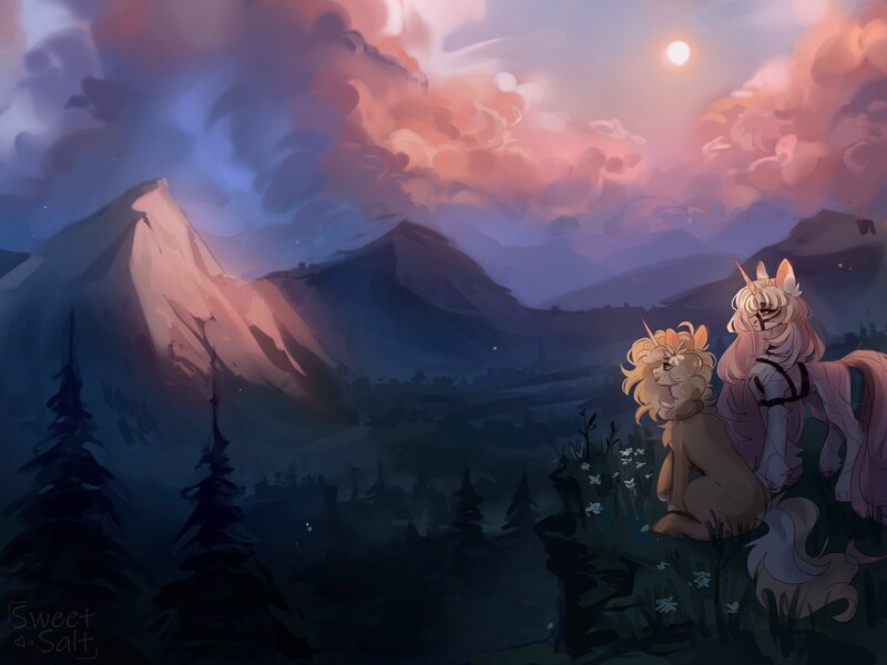 Size: 4000x3000 | Tagged: safe, artist:sweettsa1t, derpibooru import, oc, unofficial characters only, pony, unicorn, chest fluff, cloud, duo, female, flower, flower in hair, forest, harness, horn, image, jpeg, mare, mountain, nature, scenery, scenery porn, sitting, tack, tree, unshorn fetlocks, vein