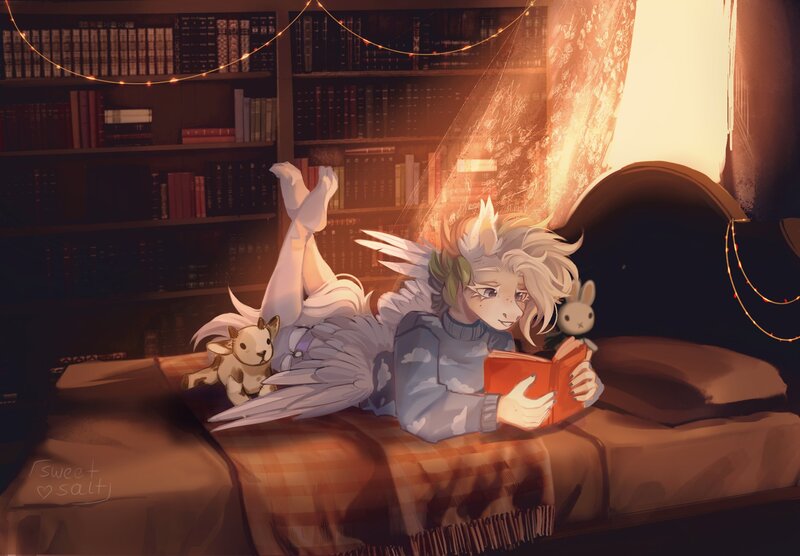 Size: 2360x1640 | Tagged: safe, artist:sweettsa1t, derpibooru import, oc, unofficial characters only, anthro, pegasus, plantigrade anthro, bed, book, bookshelf, clothes, ear fluff, female, garters, image, jpeg, lying down, plushie, prone, reading, socks, solo, sweater