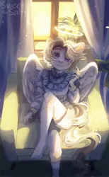 Size: 1259x2048 | Tagged: safe, artist:sweettsa1t, derpibooru import, oc, unofficial characters only, anthro, pegasus, plantigrade anthro, angel, armchair, chair, clothes, female, halo, image, jpeg, shorts, sitting, socks, solo