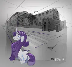 Size: 1334x1245 | Tagged: safe, artist:felfox, derpibooru import, rarity, pony, unicorn, horn, image, partial color, perspective, png, solo