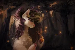 Size: 1280x848 | Tagged: safe, artist:sweettsa1t, derpibooru import, oc, unofficial characters only, earth pony, firefly (insect), insect, pony, chest fluff, female, flower, flower in hair, forest, hair bun, image, jpeg, mare, nature, scenery, solo, tree