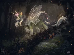 Size: 1280x960 | Tagged: safe, artist:sweettsa1t, derpibooru import, oc, unofficial characters only, butterfly, butterfly pony, hybrid, insect, pony, antennae, female, flower, flower in hair, forest, image, jpeg, mare, nature, river, scenery, scenery porn, solo, stream, tree, unshorn fetlocks, water