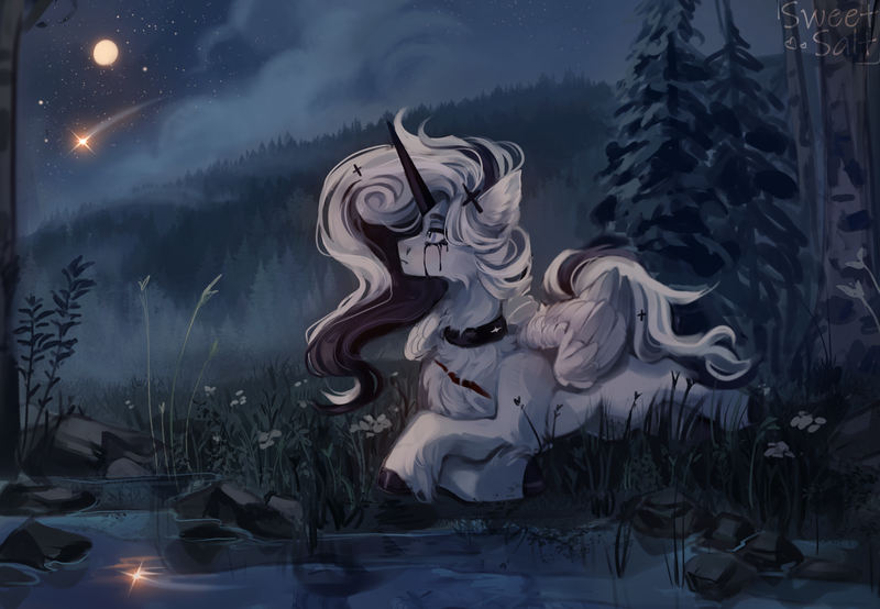 Size: 1365x945 | Tagged: safe, artist:sweettsa1t, derpibooru import, oc, unofficial characters only, alicorn, pony, alicorn oc, black tears, chest fluff, choker, crying, ear fluff, female, forest, horn, image, lying down, mare, moon, nature, night, png, prone, shooting star, solo, stars, tree, unshorn fetlocks, water, wings
