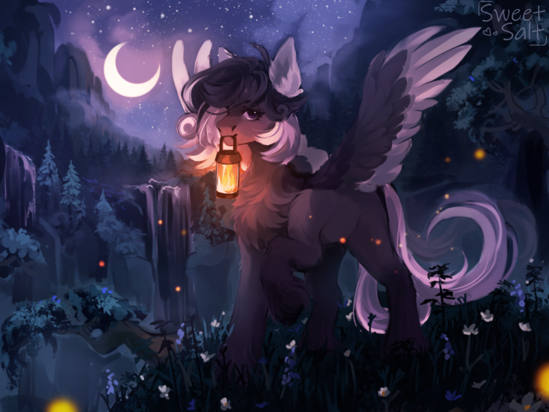 Size: 2217x1662 | Tagged: safe, artist:sweettsa1t, derpibooru import, oc, unofficial characters only, firefly (insect), insect, pegasus, pony, chest fluff, colored ears, colored wings, commission, crescent moon, ear fluff, female, image, lantern, mare, moon, mouth hold, night, png, scenery, solo, spread wings, unshorn fetlocks, water, waterfall, wings