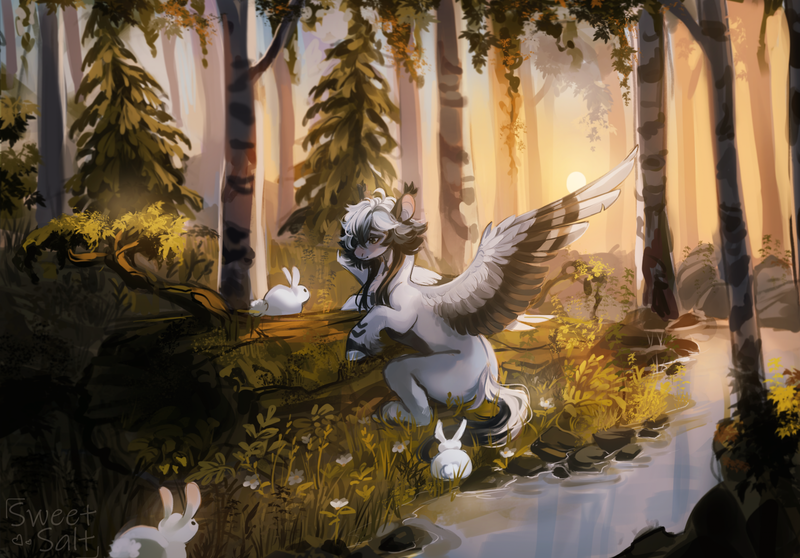 Size: 2298x1603 | Tagged: safe, artist:sweettsa1t, derpibooru import, oc, unofficial characters only, pegasus, pony, rabbit, animal, chest fluff, ear tufts, forest, image, nature, png, river, scenery, solo, spread wings, stream, tree, unshorn fetlocks, water, wings