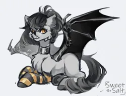 Size: 2193x1680 | Tagged: safe, artist:sweettsa1t, derpibooru import, oc, unofficial characters only, bat pony, pony, amputee, artificial wings, augmented, cheek fluff, chest fluff, choker, clothes, ear fluff, female, gray background, image, looking at you, lying down, mare, png, prone, prosthetic limb, prosthetic wing, prosthetics, simple background, socks, solo, spread wings, wings