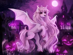 Size: 1264x953 | Tagged: safe, artist:sweettsa1t, derpibooru import, oc, unofficial characters only, bat pony, pony, candle, chest fluff, church, ear fluff, ear tufts, fangs, female, full moon, graveyard, halloween, holiday, image, jack-o-lantern, mare, moon, night, png, pumpkin, solo, spider web, stars, unshorn fetlocks