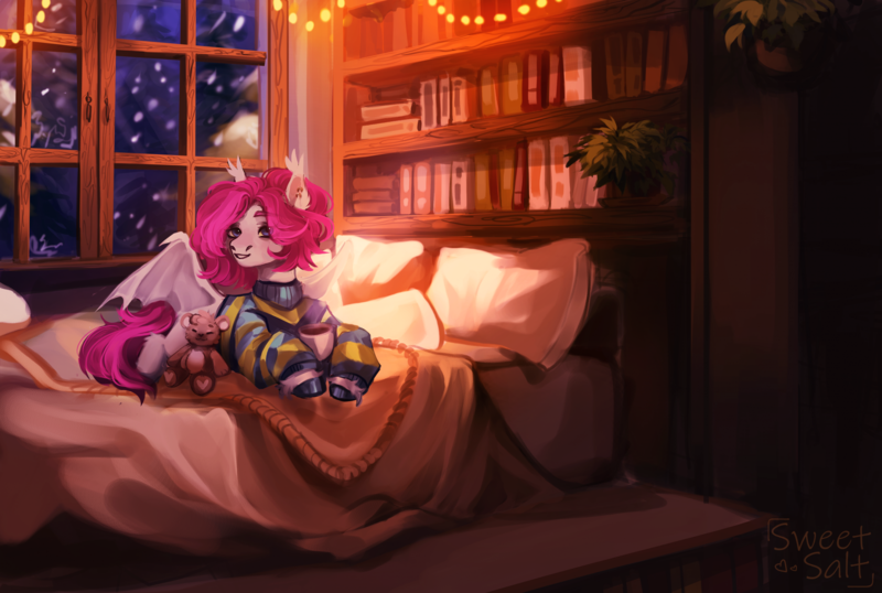 Size: 2340x1575 | Tagged: safe, artist:sweettsa1t, derpibooru import, oc, unofficial characters only, bat pony, pony, bed, bookshelf, clothes, drink, ear fluff, ear piercing, ear tufts, earring, eye clipping through hair, eyebrows, eyebrows visible through hair, female, image, jewelry, lying down, mare, mug, on bed, piercing, plushie, png, prone, snow, snowfall, spread wings, sweater, teddy bear, unshorn fetlocks, wings
