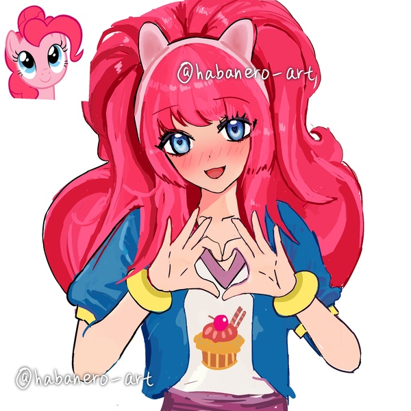 Size: 2048x2048 | Tagged: safe, artist:habanero_art, derpibooru import, pinkie pie, human, blushing, headband, heart hands, humanized, image, jpeg, looking at you, open mouth, reference used, simple background, smiling, smiling at you, solo, text, white background