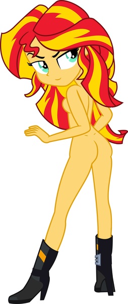 Size: 1363x3223 | Tagged: questionable, derpibooru import, edit, edited screencap, screencap, sunset shimmer, equestria girls, friendship games, boots, clothes, g4, image, jpeg, nudity, shoes, shoes only, simple background, solo, strategically covered, white background