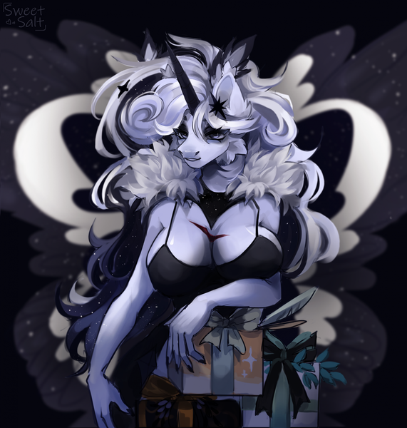 Size: 1872x1968 | Tagged: suggestive, artist:sweettsa1t, derpibooru import, oc, unofficial characters only, anthro, unicorn, abstract background, breasts, cheek fluff, cleavage, clothes, commission, dress, ear fluff, female, horn, image, png, present, scar, solo