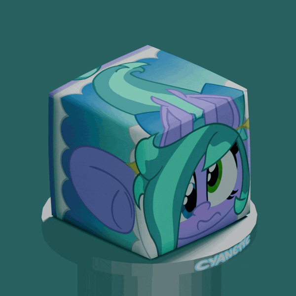 Size: 1000x1000 | Tagged: safe, artist:silvaqular, derpibooru import, oc, oc:cyanette, earth pony, 3d, animated, blender, bow, box, clothes, compact, compressed, cube, dizzy, dress, ear piercing, earring, gif, heterochromia, image, jewelry, multicolored eyes, multicolored hair, multicolored mane, multicolored tail, necklace, piercing, rotating, solo, spinning, squished, tail