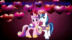 Size: 1280x720 | Tagged: safe, artist:fritzybeat, artist:user15432, derpibooru import, princess cadance, shining armor, alicorn, pony, unicorn, neigh anything, animated, female, heart, heart background, hoof on back, horn, image, link in description, looking at you, male, mare, music, open mouth, open smile, pink background, ship:shiningcadance, shipping, simple background, smiling, smiling at you, sound only, stallion, straight, webm, youtube link