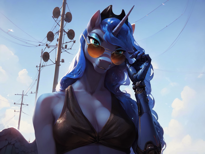 Size: 1536x1152 | Tagged: safe, ai content, derpibooru import, machine learning generated, prompter:star-dragon, stable diffusion, princess luna, alicorn, anthro, breasts, busty princess luna, clothes, crossover, cybernetic arm, cyberpunk, cyberpunk 2077, female, g4, generator:pony diffusion v6 xl, image, png, solo, sunglasses
