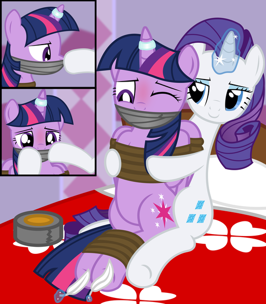 Size: 2000x2292 | Tagged: safe, artist:cardshark777, derpibooru import, rarity, twilight sparkle, twilight sparkle (alicorn), alicorn, unicorn, 3 panel comic, bed, blushing, bondage, bound and gagged, bound wings, comic, digital art, duct tape, duo, eyeliner, eyeshadow, feather, female, femsub, g4, gag, helpless, hoof on cheek, hoof tickling, hooves behind back, horn, horn ring, image, jewelry, lidded eyes, looking at someone, looking down, magic suppression, makeup, one eye closed, pillar, pillow, png, ring, rope, rope bondage, sitting, submissive, tape, tape gag, tickling, tied up, wings