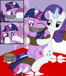 Size: 2000x2292 | Tagged: safe, artist:cardshark777, derpibooru import, rarity, twilight sparkle, twilight sparkle (alicorn), alicorn, unicorn, 3 panel comic, bed, blushing, bondage, bound and gagged, bound wings, comic, digital art, duct tape, duo, eyeliner, eyeshadow, feather, female, femsub, g4, gag, helpless, hoof on cheek, hoof tickling, hooves behind back, horn, horn ring, image, jewelry, lidded eyes, looking at someone, looking down, magic suppression, makeup, one eye closed, pillar, pillow, png, ring, rope, rope bondage, sitting, submissive, tape, tape gag, tickling, tied up, wings
