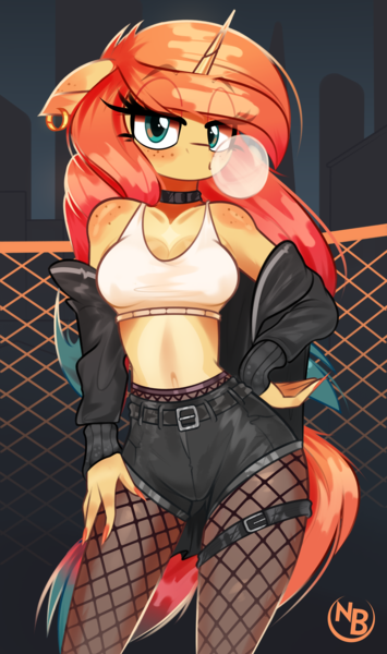 Size: 2258x3813 | Tagged: safe, artist:nevobaster, derpibooru import, oc, oc:sheron, unofficial characters only, anthro, unicorn, bedroom eyes, belly button, bubblegum, city, clothes, collar, denim, eyeshadow, female, fishnet clothing, fishnets, food, freckles, gum, horn, image, jacket, jeans, lidded eyes, looking at you, makeup, nail polish, night, pants, piercing, png, shorts, socks, solo, solo female, stockings, thigh highs
