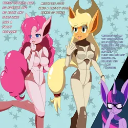 Size: 4000x4000 | Tagged: safe, artist:idpet, derpibooru import, part of a set, applejack, pinkie pie, twilight sparkle, anthro, earth pony, unguligrade anthro, unicorn, abstract background, absurd resolution, bodysuit, breasts, clothes, dialogue, eye clipping through hair, female, gendo pose, glasses, gullible, horn, image, png, sparkly eyes, wingding eyes