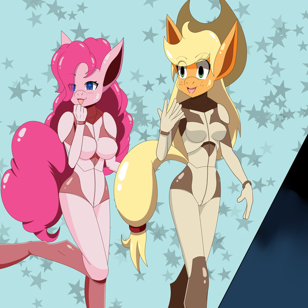 Size: 4000x4000 | Tagged: safe, alternate version, artist:idpet, derpibooru import, part of a set, applejack, pinkie pie, anthro, earth pony, unguligrade anthro, abstract background, absurd resolution, bodysuit, breasts, clothes, duo, eye clipping through hair, female, image, open mouth, png, sparkly eyes, wingding eyes