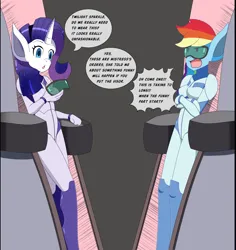 Size: 3400x3600 | Tagged: safe, artist:idpet, derpibooru import, part of a set, rainbow dash, rarity, anthro, unguligrade anthro, annoyed, bodysuit, breasts, clothes, dialogue, duo, female, high res, hypnogear, image, implied twilight sparkle, offscreen character, png, visor
