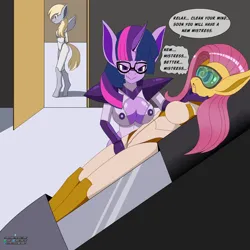 Size: 4000x4000 | Tagged: safe, artist:idpet, derpibooru import, part of a set, derpy hooves, fluttershy, twilight sparkle, anthro, pegasus, unguligrade anthro, unicorn, absurd resolution, bodysuit, boob window, breasts, busty twilight sparkle, cleavage, clothes, dialogue, drool, female, glasses, horn, hypnogear, hypnosis, image, lying down, png, smiling, smirk, twidom, visor