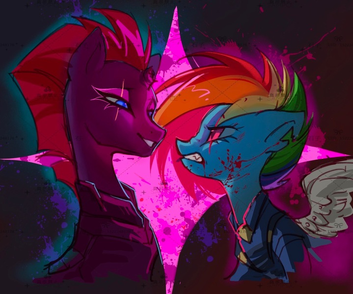 Size: 1217x1016 | Tagged: semi-grimdark, artist:shizizizizi527, artist:米米哈条, derpibooru import, rainbow dash, tempest shadow, pegasus, pony, unicorn, alternate timeline, apocalypse dash, artificial wings, augmented, broken horn, crystal war timeline, g4, horn, image, jpeg, mechanical wing, wings