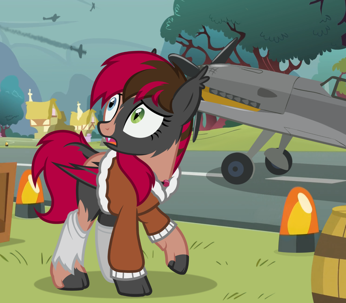 Size: 1290x1130 | Tagged: safe, artist:anonymous, derpibooru import, oc, oc:new roads, unofficial characters only, bat pony, human, pony, equestria at war mod, /mlp/, /ptfg/, 4chan, airfield, barrel, bat pony oc, bat wings, battlefield, bomber jacket, bush, clothes, crate, fangs, female, grass, heterochromia, house, human to pony, image, jacket, jewelry, looking up, mid-transformation, necklace, open mouth, pilot, plane, png, ponyville, socks, solo, transformation, tree, wings
