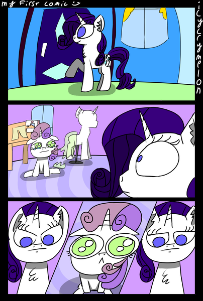 Size: 1082x1608 | Tagged: safe, artist:icycrymelon, derpibooru import, rarity, sweetie belle, pony, unicorn, angry, big eyes, comic, crying, duo, female, g4, horn, image, mannequin, mare, png, short comic, siblings, sisters, younger