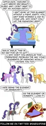 Size: 1000x2700 | Tagged: safe, artist:sneshpone, derpibooru import, applejack, rarity, twilight sparkle, unicorn, look before you sleep, bed, blanket, clothes, element of generosity, element of honesty, fainting couch, fan, french maid, g4, image, jpeg, kiss mark, lipstick, maid, simple background, sleepover, unicorn twilight, white background