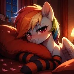 Size: 1536x1536 | Tagged: safe, ai content, derpibooru import, generator:bluefox mix, machine learning generated, stable diffusion, rainbow dash, pegasus, pony, backlighting, bed, bedroom, bedroom eyes, blushing, close-up, clothes, curtains, cute, dashabetes, ear fluff, eyebrows, eyebrows visible through hair, female, g4, hug, image, indoors, intimate, lamp, looking at you, mare, night, night sky, on bed, partially open wings, petals, photo frame, pillow, pillow hug, png, potted plant, prompter:tyto4tme4l, romantic, seductive look, sky, smiling, smiling at you, socks, solo, striped socks, upper body, window, wing fluff, wings