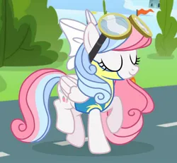 Size: 1322x1220 | Tagged: safe, artist:cstrawberrymilk, derpibooru import, oc, oc:strawberry dream, pegasus, pony, bow, clothes, eyes closed, female, goggles, hair bow, image, jpeg, mare, raised hoof, smiling, solo, uniform, wonderbolt trainee uniform