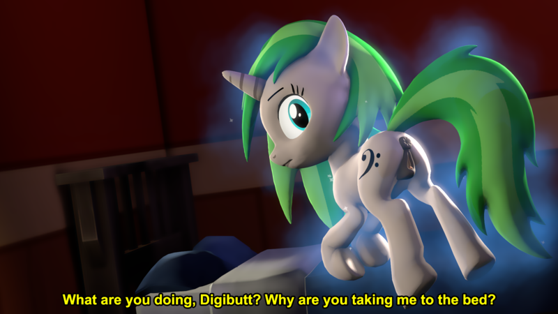 Size: 1920x1080 | Tagged: explicit, artist:digiveemhf, oc, oc:vinyl mix, unofficial characters only, pony, unicorn, 3d, anatomically correct, anus, bed, clitoris, confused, cutie mark, dialogue, eyebrows, female, horn, image, looking at you, looking back, looking back at you, magic, mare, nudity, offscreen character, pillow, png, ponut, source filmmaker, tail, telekinesis, unicorn oc, vulva, vulvar winking