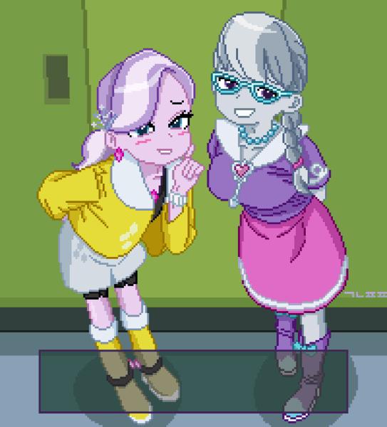 Size: 2000x2210 | Tagged: safe, artist:gonicfanfic, derpibooru import, diamond tiara, silver spoon, human, equestria girls, animated, breasts, busty silver spoon, duo, duo female, female, g4, gif, image, korean, moon runes, pixel art