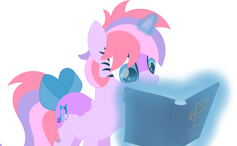 Size: 2369x1470 | Tagged: safe, artist:pure-blue-heart, derpibooru import, oc, oc:pastel beat, unofficial characters only, pony, unicorn, blue eyes, blue magic, book, bow, female, horn, image, magic, mare, pentagram, png, simple background, tail, tail bow, telekinesis, transparent background, unicorn oc
