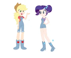 Size: 840x688 | Tagged: safe, artist:frankta1, artist:selenaede, derpibooru import, applejack, rarity, human, alternate hairstyle, applejack's hat, base used, boots, clothes, cowboy hat, duo, eyeshadow, female, freckles, hat, high heel boots, humanized, image, lesbian, makeup, open mouth, overalls, png, rarijack, shipping, shirt, shoes, simple background, t-shirt, white background