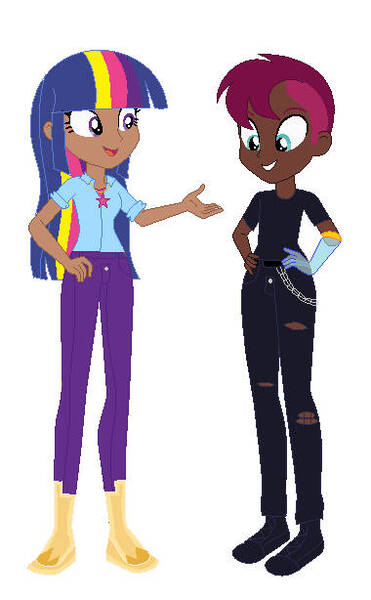 Size: 380x614 | Tagged: safe, artist:frankta1, artist:selenaede, derpibooru import, tempest shadow, twilight sparkle, human, alternate hairstyle, amputee, base used, boots, clothes, dark skin, duo, duo female, female, grin, humanized, image, jeans, jewelry, jpeg, lesbian, necklace, open mouth, pants, prosthetic arm, prosthetic limb, prosthetics, ripped jeans, ripped pants, ship:tempestlight, shipping, shirt, shoes, simple background, smiling, t-shirt, torn clothes, white background