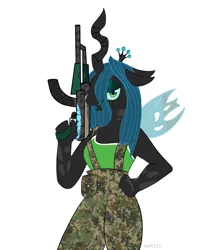 Size: 2361x2857 | Tagged: safe, artist:walt121, derpibooru import, queen chrysalis, pony, ak-47, antagonist, armor, army, assault rifle, female, g4, gun, image, mare, nature, png, rifle, sexy, villainess, war, weapon