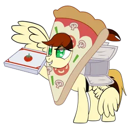 Size: 2524x2500 | Tagged: safe, artist:yesic01, derpibooru import, oc, oc:toffie, unofficial characters only, pegasus, pony, base used, clothes, commission, costume, female, food, food costume, grin, image, mare, mascot costume, pizza, pizza box, pizza costume, png, raised hoof, simple background, smiling, solo, transparent background, wingless, ych result