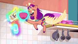 Size: 1280x720 | Tagged: safe, derpibooru import, screencap, izzy moonbow, sunny starscout, alicorn, pony, unicorn, g5, my little pony: a new generation, my little pony: tell your tale, spoiler:g5, spoiler:my little pony: tell your tale, spoiler:tyts02e00, absurd file size, absurd gif size, animated, artificial horn, artificial wings, augmented, bags under eyes, cereal, fail, food, gif, horn, image, magic, magic horn, magic wings, milk, race swap, señor butterscotch, slow motion, spoon, sunnycorn, telekinesis, the blockywockys, tired, wings