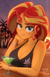 Size: 1994x3038 | Tagged: safe, artist:theretroart88, derpibooru import, sunset shimmer, human, equestria girls, beach, beauty mark, bedroom eyes, bikini, bikini top, bracelet, breasts, cleavage, clothes, g4, glass, image, jewelry, looking at you, palm tree, png, swimsuit, tree